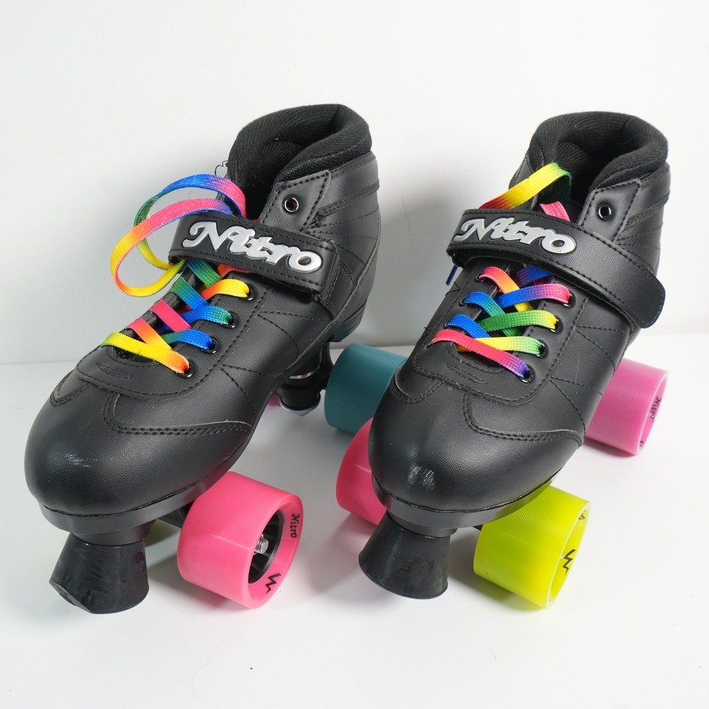 Nitro Roller Skates Women Size 6 Black Rainbow Laces Neon Wheels Quad Retro